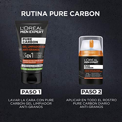 L'Oréal Men Expert Gel Antigranos Pure Carbon. Limpia, Combate imperfecciones y brillos. Con minerales volcánicos y ácido salícilico. 100 Mililitros