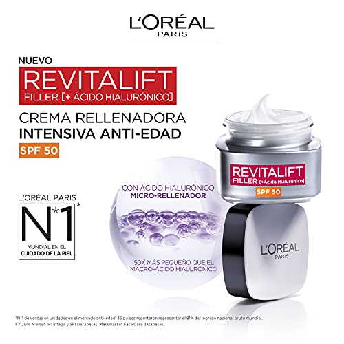 L'Oréal Paris Crema Rellenadora Intensiva Revitalift Filler Con Ácido Hialurónico Y Spf, Que Devuelve 10 Años De Volumen, Protegiendo De Los Rayos Uvb Y Uva, 50 Mililitro