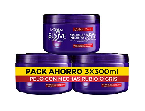 L'Oreal Paris Elvive Color Vive Mascarilla Intensiva Violeta Matizadora, Para Pelo con Bases Oscuras, Mechas o Decolorado Rubio o Gris, Pack de 3 unidades x 300 ml, Total 900 ml