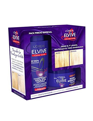 L'Oréal Paris Elvive Color Vive Pack Violeta, Champú Matizador y Mascarilla Intensiva, Suaviza y Nutre, Neutraliza Tonos Anaranjados, Para Pelo Teñido, Rubio, Decolorado o Gris, 200 ml y 250 ml