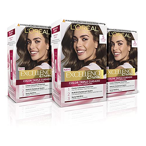 L'Oréal Paris Excellence Creme Tinte Permanente Triple Cuidado 00% Cobertura Canas Tono 5 Castaño Claro - Pack 3 Es, Marrón