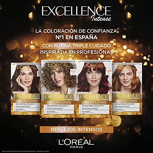 L'Oréal Paris Excellence Intense Tinte Permanente Triple Cuidado 100% Cobertura Canas Tono 6.66 Rojo Escarlata Intenso - Pack 3 unidades