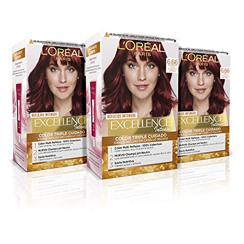 L'Oréal Paris Excellence Intense Tinte Permanente Triple Cuidado 100% Cobertura Canas Tono 6.66 Rojo Escarlata Intenso - Pack 3 unidades