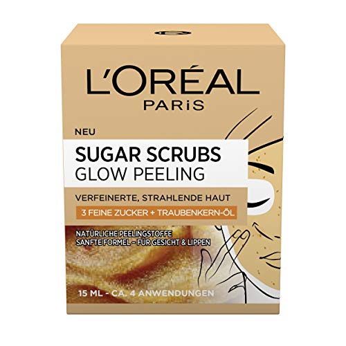 L'Oréal Paris Exfoliante facial y labios con azúcar y aceite de pepitas de uva, exfoliante de Sugar Scrubs Glow Peeling, 2 x 15 ml