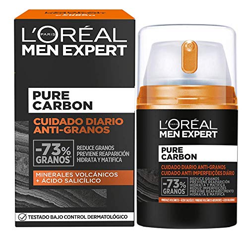 L'Oréal Paris Men Expert Crema Cuidado Diario Anti-Granos Pure Carbon, Reduce Imperfecciones, Hidrata y Matifica el Rostro, Con Minerales Volcánicos y Ácido Salicílico, 50 ml