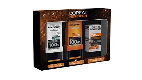 L'Oréal Paris Men Expert Hydra Pack Gel de Ducha Calmante, Gel de Ducha Taurina y Crema Hidratante Anti-Fatiga 24H, 300 + 300 + 50 ml