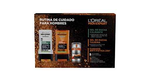 L'Oréal Paris Men Expert Hydra Pack Gel de Ducha Calmante, Gel de Ducha Taurina y Crema Hidratante Anti-Fatiga 24H, 300 + 300 + 50 ml