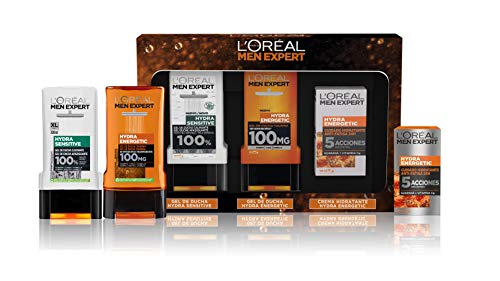 L'Oréal Paris Men Expert Hydra Pack Gel de Ducha Calmante, Gel de Ducha Taurina y Crema Hidratante Anti-Fatiga 24H, 300 + 300 + 50 ml