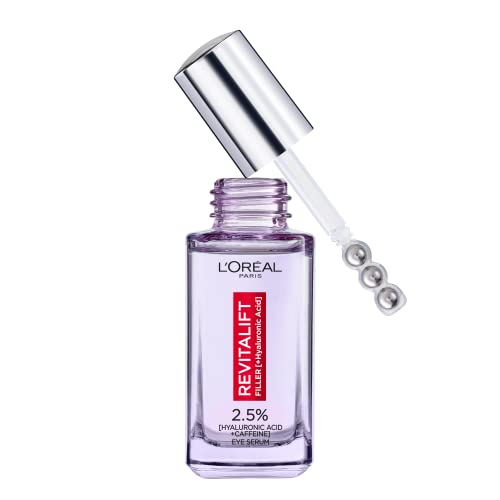 L'Oréal Paris Revitalift Filler Sérum de Ojos con Ácido Hialurónico y Cafeína, Rellena Arrugas y Corrige ojeras Triple Roll-on, 20 ml