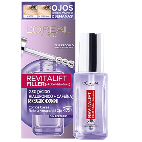 L'Oréal Paris Revitalift Filler Sérum de Ojos con Ácido Hialurónico y Cafeína, Rellena Arrugas y Corrige ojeras Triple Roll-on, 20 ml