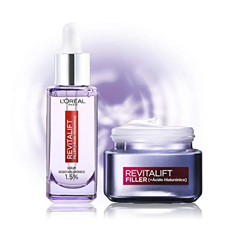 L'Oréal Paris, Set de Sérum Antiarrugas + Crema de Día, con Ácido Hialurónico Puro Revitalift Filler, Suero y Crema Facial Antiarrugas, Pieles Maduras, 30 ml + 50 ml