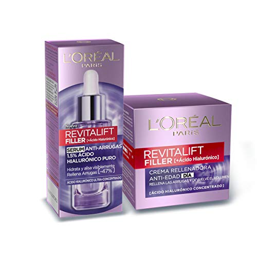 L'Oréal Paris, Set de Sérum Antiarrugas + Crema de Día, con Ácido Hialurónico Puro Revitalift Filler, Suero y Crema Facial Antiarrugas, Pieles Maduras, 30 ml + 50 ml