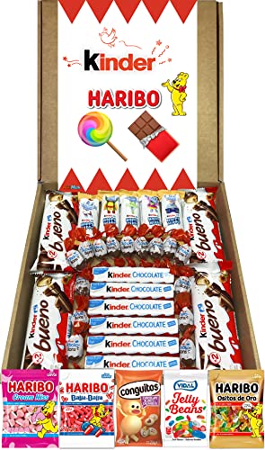 Lote Chocolates Kinder y Haribo Regalo. La Caja Contiene 30 Chocolates Kinder y 5 Bolsas de Haribo de Cumpleaños. Kinder Bueno, Kinder Maxi, Kinder Schoko-Bons.