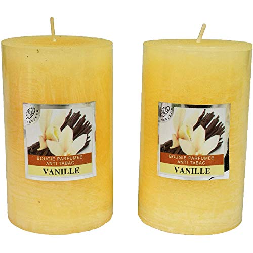 Lote de 2 velas votivas grandes perfumadas, antitabaco, candelabros para la decoración del interior de tu casa y para crear un ambiente marfil, aroma a vainilla 6 x 10 cm, duración 40 h