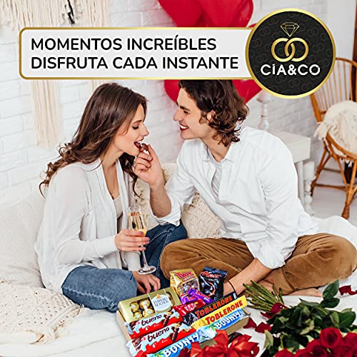 Lote envuelto para Regalo con +20 Bombones y Chocolates Ferrero Rocher, Toblerone, Kinder Bueno, Bounty Coco, Mars, Twix y Ricas Barritas Kit Kat y Huesitos. Regalo Original para personas Exigentes