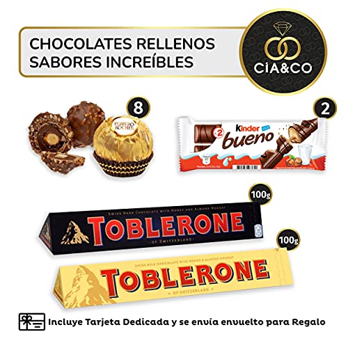 Lote envuelto para Regalo con +20 Bombones y Chocolates Ferrero Rocher, Toblerone, Kinder Bueno, Bounty Coco, Mars, Twix y Ricas Barritas Kit Kat y Huesitos. Regalo Original para personas Exigentes