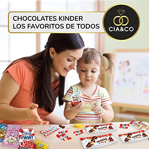 Lote envuelto para Regalo con +25 Chocolates Kinder y 450 grs de Chuches sin Gluten. Con Tarjeta Dedicada Personalizada y Kinder Chocolate, Kinder Bueno, Huevo Joy, Happy Hippos, ChocoBons y Golosinas