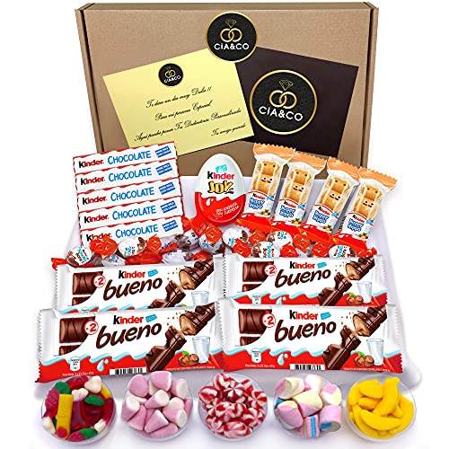 Lote envuelto para Regalo con +25 Chocolates Kinder y 450 grs de Chuches sin Gluten. Con Tarjeta Dedicada Personalizada y Kinder Chocolate, Kinder Bueno, Huevo Joy, Happy Hippos, ChocoBons y Golosinas