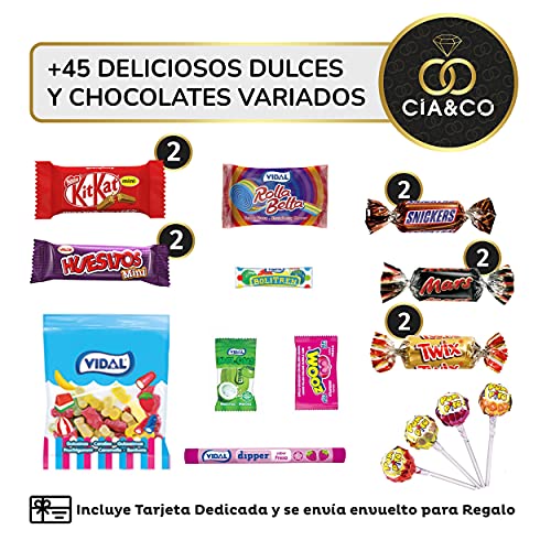 Lote envuelto para Regalo con +45 Dulces Variados y 500 grs de Chuches Sin Gluten. Con Tarjeta Dedicada Personalizada y Regalices, Caramelos, Kit Kat, Mars, Huesitos, Twix, y Golosinas para Regalo