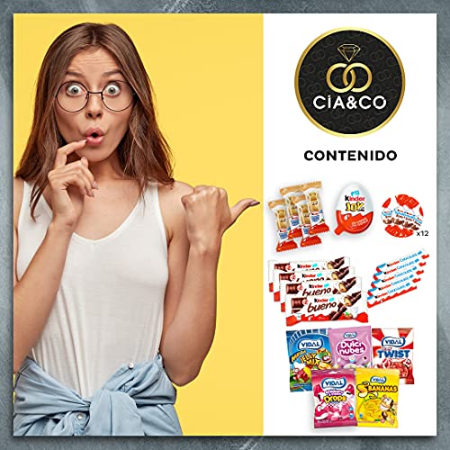 Lote para Regalo +25 Chocolates Kinder y 450 grs de Chuches sin Gluten. Contiene Chocobons, Kinder Chocolate, Kinder Bueno, Kinder Joy, Happy Hippo y Chuches. Opción de Tarjeta Dedicada Personalizada