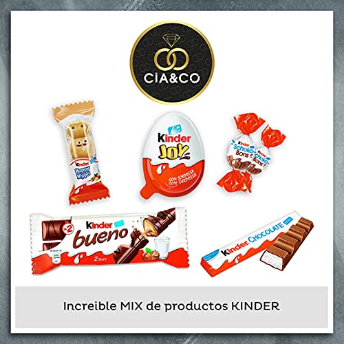 Lote para Regalo +25 Chocolates Kinder y 450 grs de Chuches sin Gluten. Contiene Chocobons, Kinder Chocolate, Kinder Bueno, Kinder Joy, Happy Hippo y Chuches. Opción de Tarjeta Dedicada Personalizada