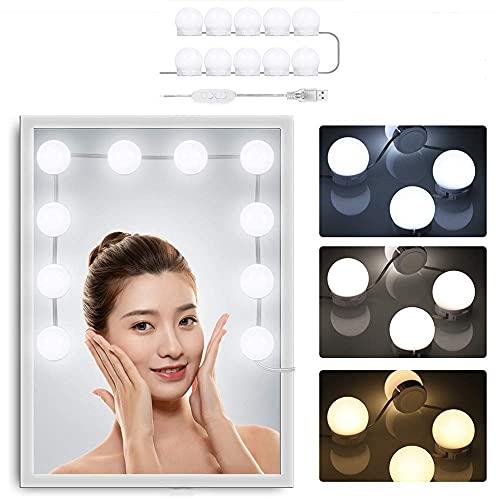 Luces de espejo para maquillaje, luces LED estilo Hollywood con 3 modos de color y 10 bombillas LED regulables para espejo cosmético o luz de maquillaje [Clase de eficiencia energética A++]