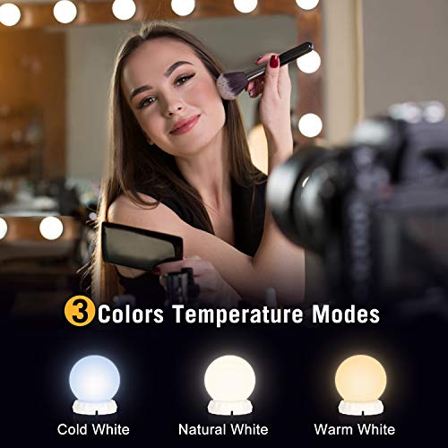 Luces para Espejo de Maquillaje POVO 10 Bombillas Estilo Hollywood Regulables LED Lámpara Kit de Espejo Cosmético de Tocador con 3 Modos de Color y 10 Niveles de Brillo, USB Operado (Blanco)