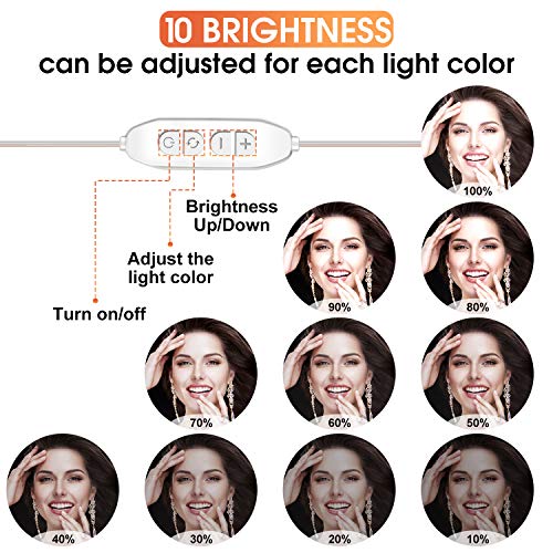 Luces para Espejo de Maquillaje POVO 10 Bombillas Estilo Hollywood Regulables LED Lámpara Kit de Espejo Cosmético de Tocador con 3 Modos de Color y 10 Niveles de Brillo, USB Operado (Blanco)