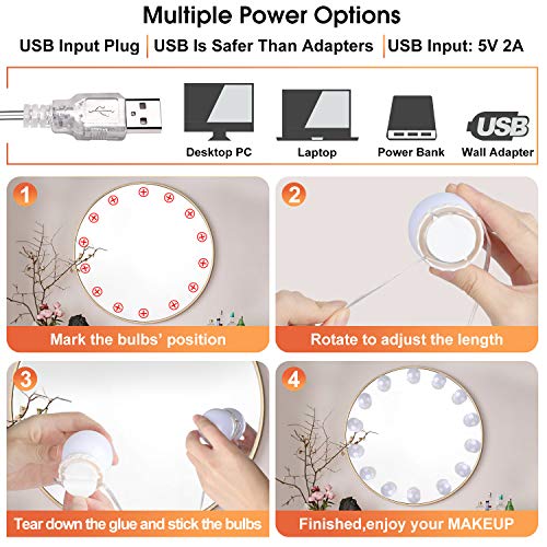 Luces para Espejo de Maquillaje POVO 10 Bombillas Estilo Hollywood Regulables LED Lámpara Kit de Espejo Cosmético de Tocador con 3 Modos de Color y 10 Niveles de Brillo, USB Operado (Blanco)