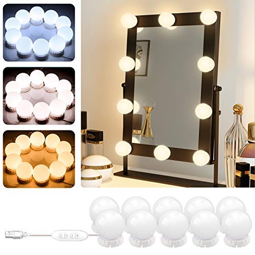 Luces para Espejo de Maquillaje POVO 10 Bombillas Estilo Hollywood Regulables LED Lámpara Kit de Espejo Cosmético de Tocador con 3 Modos de Color y 10 Niveles de Brillo, USB Operado (Blanco)