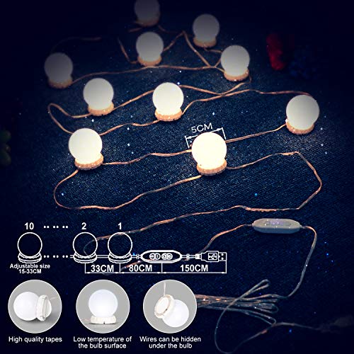 Luces para Espejo de Maquillaje POVO 10 Bombillas Estilo Hollywood Regulables LED Lámpara Kit de Espejo Cosmético de Tocador con 3 Modos de Color y 10 Niveles de Brillo, USB Operado (Blanco)