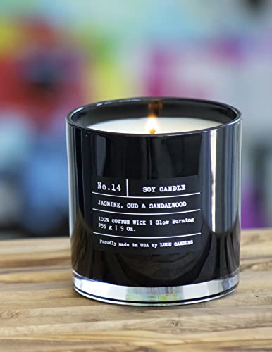 Lulu Candles Jazmín, Oud Y Sándalo | Vela De Tarro De Soja Perfumada De Lujo | Vertido A Mano En Los EE.UU. Altamente Perfumado Y Duradero- 9 Oz. Sin Tapa