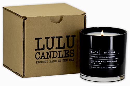 Lulu Candles Jazmín, Oud Y Sándalo | Vela De Tarro De Soja Perfumada De Lujo | Vertido A Mano En Los EE.UU. Altamente Perfumado Y Duradero- 9 Oz. Sin Tapa