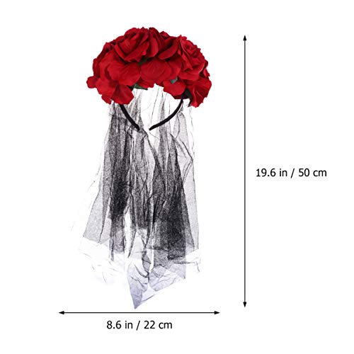 Lurrose rosa flor corona velo corona de cabello diadema floral disfraz de halloween tocado mexicano accesorios para el cabello para mujeres niñas rojo