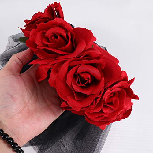 Lurrose rosa flor corona velo corona de cabello diadema floral disfraz de halloween tocado mexicano accesorios para el cabello para mujeres niñas rojo