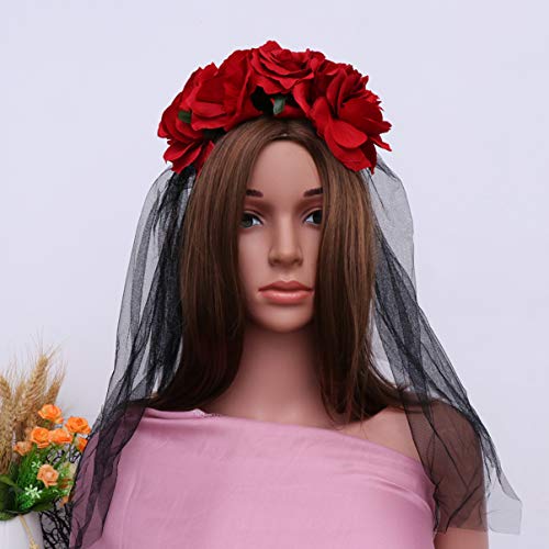 Lurrose rosa flor corona velo corona de cabello diadema floral disfraz de halloween tocado mexicano accesorios para el cabello para mujeres niñas rojo