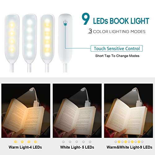 Luz de Lectura, 9 LED Lampara Lectura Recargable con Sensor Táctil, 3 Modos de Brillo Ajustable (Luz Cálido y Blanco), Luz Pinza Libro para Lectores Noche, E-Reader, Estudio, Cama, Tablet