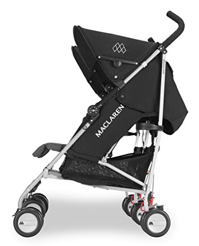 Maclaren Twin Triumph silla de paseo ligera y comapcta para niños a partir de 6 meses hasta 15 kg en cada asiento, Capota individual extensible, Incluye protector para la lluvia, Negro/gris oscuro