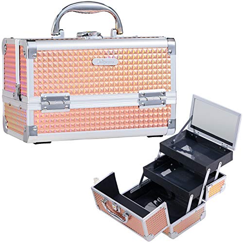 Maletin Maquillaje Profesional Estuche Neceser Maquillaje Beauty Case Cosméticos Organizador de Viaje Maletin de Manicura Makeup Peluqueria Joyero Caja con Espejo para Niña , Naranja Brillante