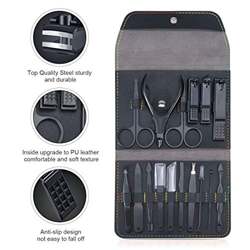 Manicura Pedicura Set 16 PCS Profesional Cortaúñas Acero Inoxidable Grooming Kit - Con Estuche De Viaje De Cuero Lujoso (Negro)