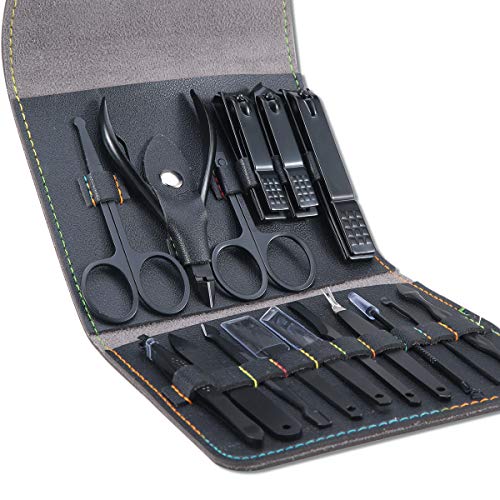 Manicura Pedicura Set 16 PCS Profesional Cortaúñas Acero Inoxidable Grooming Kit - Con Estuche De Viaje De Cuero Lujoso (Negro)