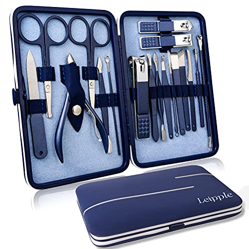 Manicura Pedicura Set 18 PCS Profesional Cortaúñas Acero Inoxidable Grooming Kit - Con Estuche De Viaje De Cuero Lujoso (Azul Oscuro)