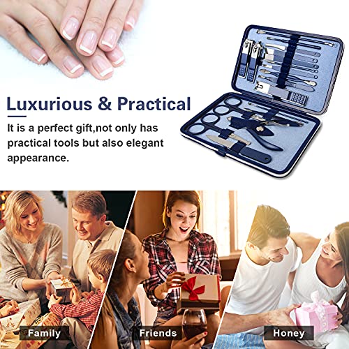 Manicura Pedicura Set 18 PCS Profesional Cortaúñas Acero Inoxidable Grooming Kit - Con Estuche De Viaje De Cuero Lujoso (Azul Oscuro)