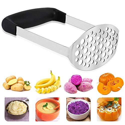 Máquina trituradora de patatas de acero inoxidable con mango ancho y ergonómico horizontal para puré de papas, verduras y frutas (12 × 7 × 17 cm)