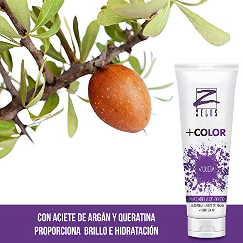 Mascarilla de Color para el Pelo - Violeta - 200 ml - Mascarilla Acondicionadora - Queratina y Aceite de Argán - Potencia el Color Desgastado o Crea Tonos Fantasía - Uso Profesional - Zelos +Color