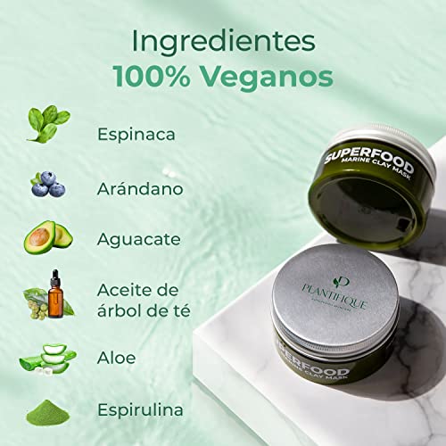 Mascarillas Faciales de Plantifique 100% Vegana - Mascarilla Purificante e Hidratante - Mascarilla de Arcilla Verde con Superalimentos 100ml - Limpia y Estrecha los Poros - Testado Dermatológicamente