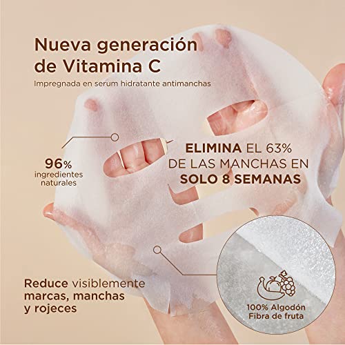 Mascarillas faciales Hidratantes Anti Manchas con Vitamina C Estabilizada y Acido Hialurónico. Mascarillas faciales Pack de 5. Potente acción Hidratante. Tejido Natural de Fibra de Frutas Ardaraz