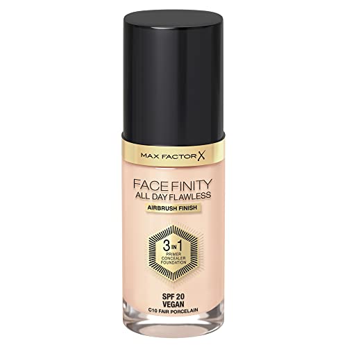 Max Factor Facefinity All Day Flawless 3 in 1 Foundation in 10 Fair Porcelain Primer, Concealer & Foundation en 1 - Para un acabado mate perfecto, 30 ml