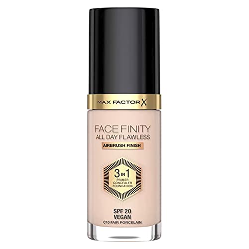 Max Factor Facefinity All Day Flawless 3 in 1 Foundation in 10 Fair Porcelain Primer, Concealer & Foundation en 1 - Para un acabado mate perfecto, 30 ml