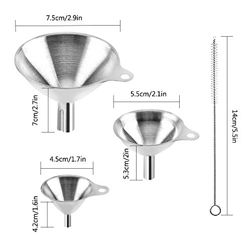 maxin Embudos de acero inoxidable, 3 piezas de embudos de metal pequeños para botellas de llenado de cocina, líquidos, aceite de Essentail en polvo, especias, perfumes, con 2 cepillos de limpieza